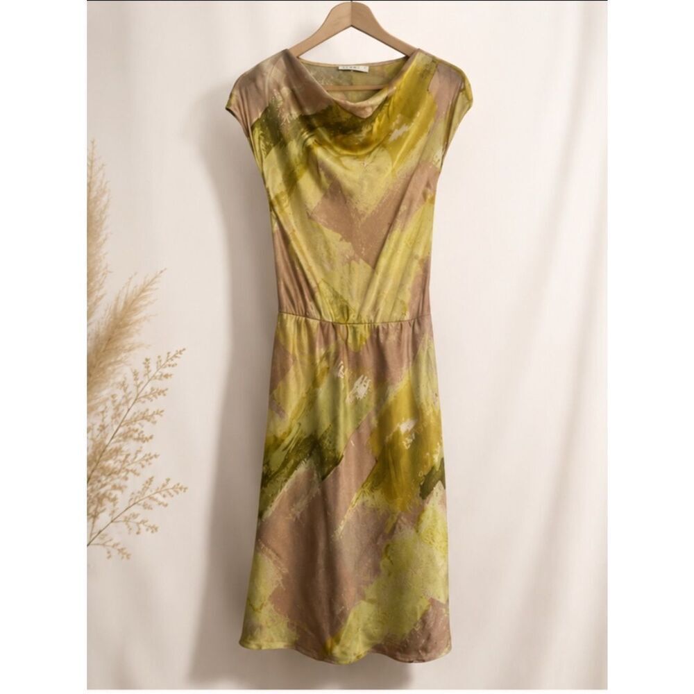 VTG Josie Natori 100% Silk Midi Dress XS Cowl Neck Abstract Resort Quiet Luxury